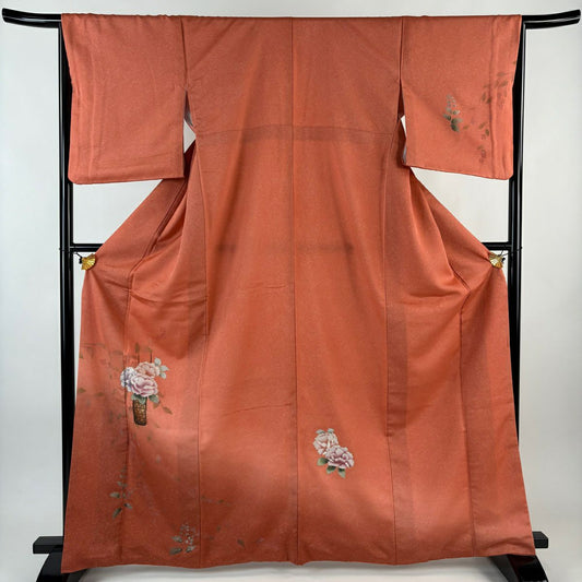 付下 身長166cm 袖長66cm M 雙層 花器 草花紋紋 金銀彩 漸層 橙色 純蠶絲 優品級