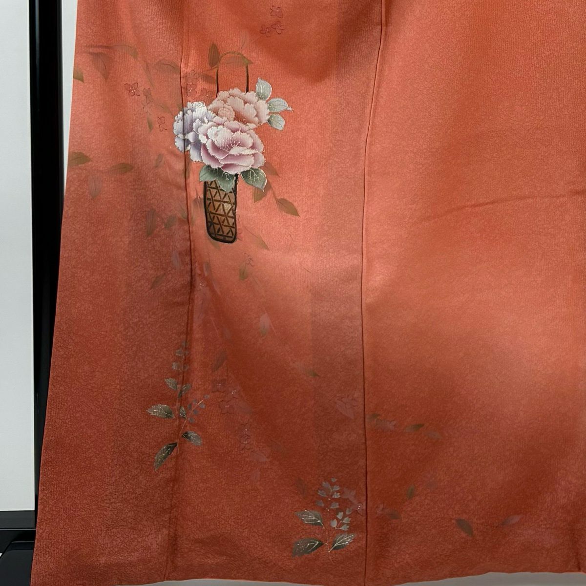 付下 身長166cm 袖長66cm M 雙層 花器 草花紋紋 金銀彩 漸層 橙色 純蠶絲 優品級