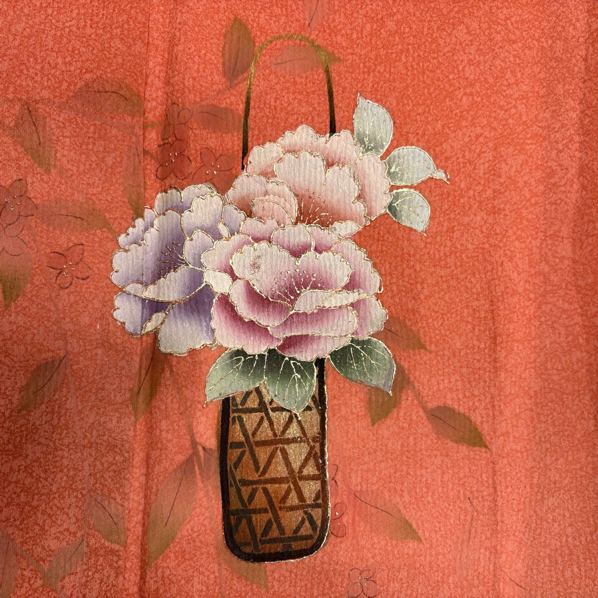 付下 身長166cm 袖長66cm M 雙層 花器 草花紋紋 金銀彩 漸層 橙色 純蠶絲 優品級