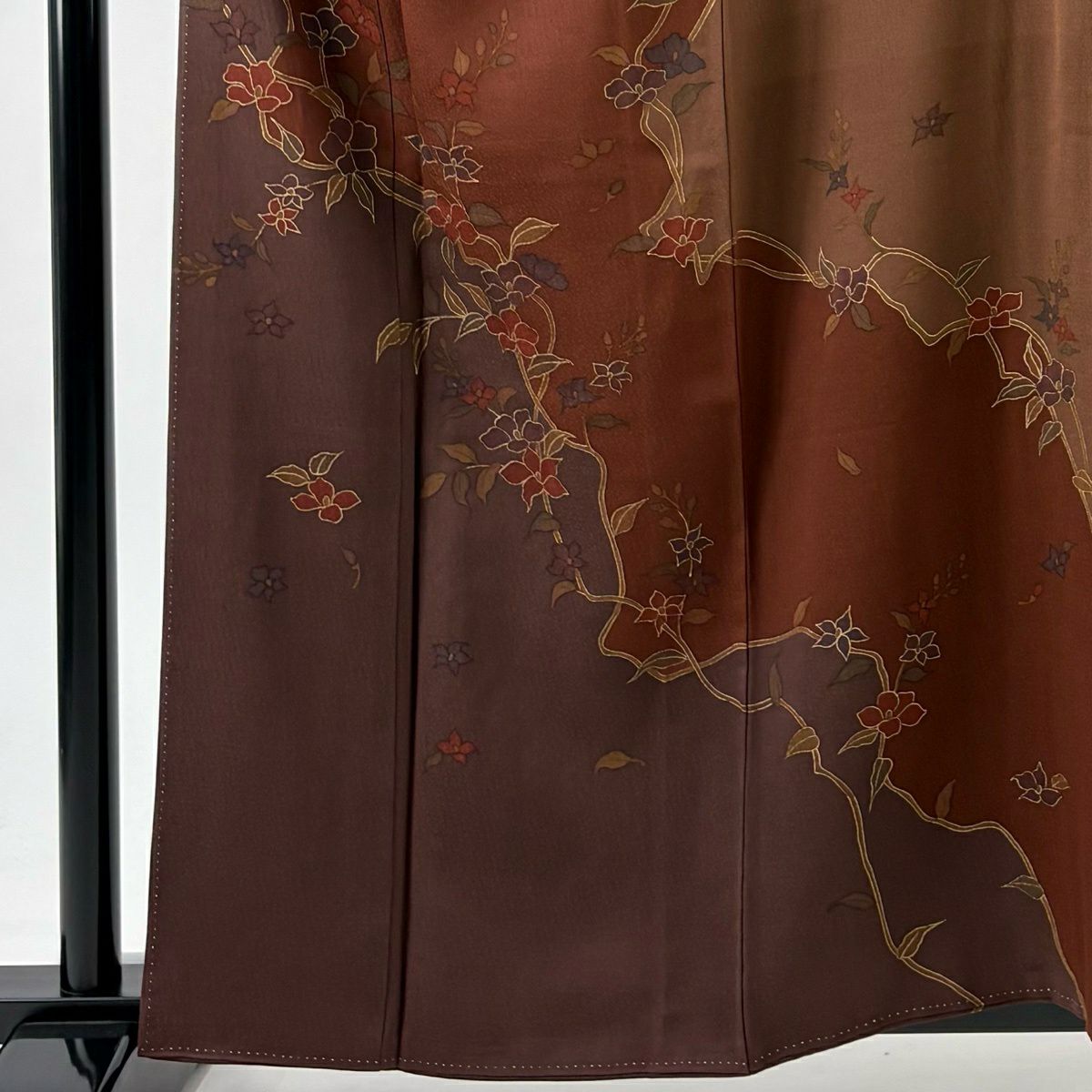 訪問服 身長159cm 袖長62.5cm S 雙層 落款 草花紋紋 金彩裝飾 染分 茶 純蠶絲 秀品級