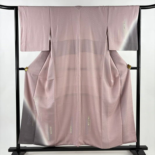 【美品】 付下 身長154.5cm 袖長63.5cm S 雙層 地紋 草花紋 金糸 漸層 淺粉色 純蠶絲 優品級