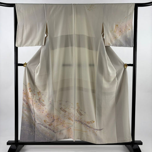 訪問服 身長155cm 袖長64cm M 雙層 短冊 櫻花 金絲 金銀彩 灰白 純蠶絲 秀品級