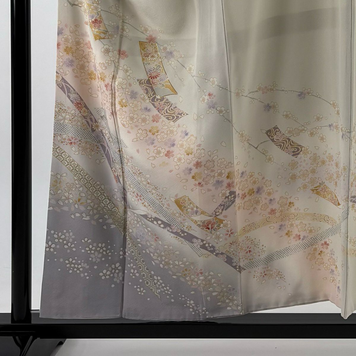 訪問服 身長155cm 袖長64cm M 雙層 短冊 櫻花 金絲 金銀彩 灰白 純蠶絲 秀品級