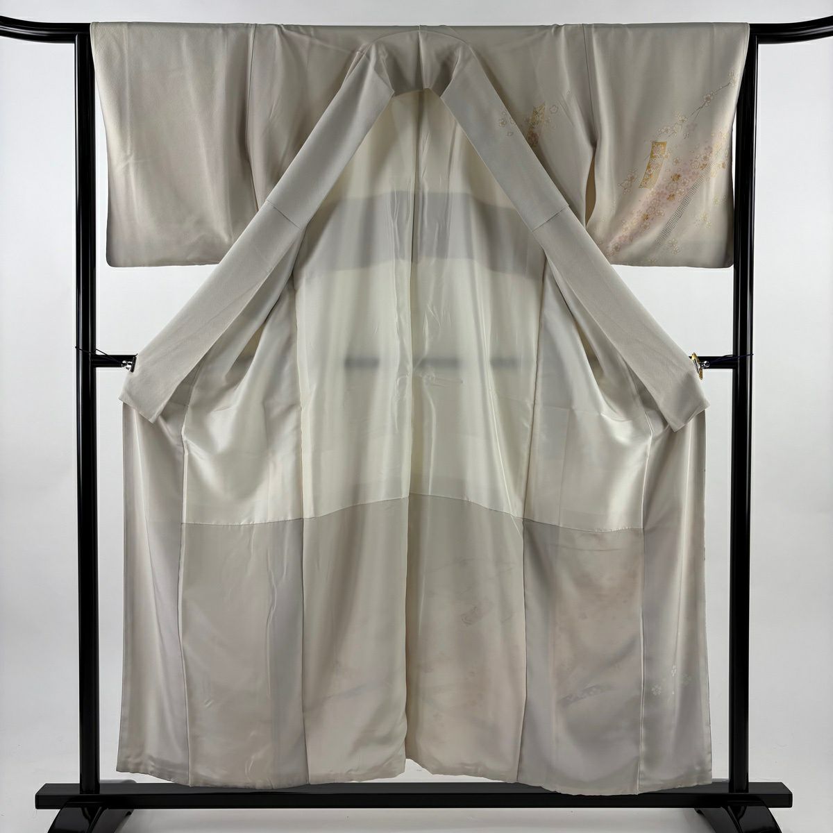 訪問服 身長155cm 袖長64cm M 雙層 短冊 櫻花 金絲 金銀彩 灰白 純蠶絲 秀品級