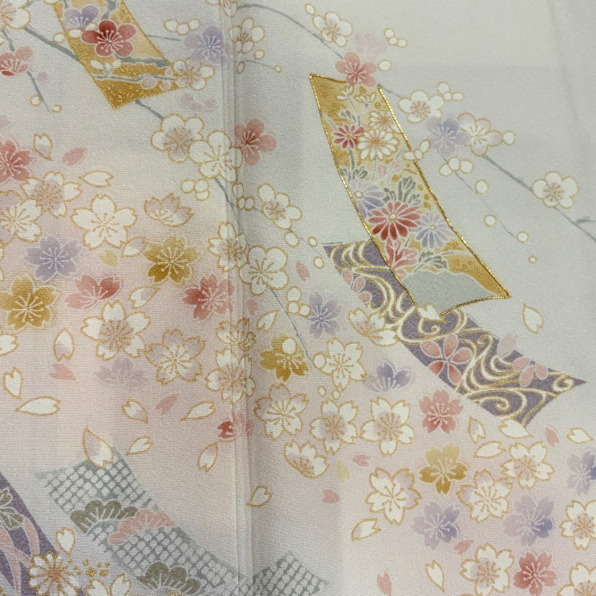 訪問服 身長155cm 袖長64cm M 雙層 短冊 櫻花 金絲 金銀彩 灰白 純蠶絲 秀品級