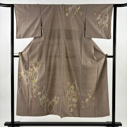 付下 身長150cm 袖長62.5cm S 雙層 紬織織 草花紋紋 立涌刺繡 淺小豆 純蠶絲 秀品級 一個紋