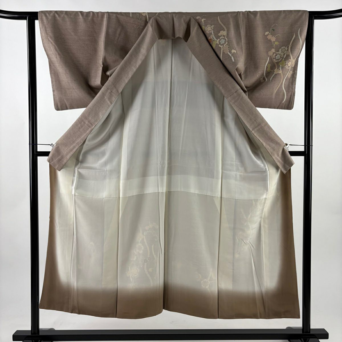 付下 身長150cm 袖長62.5cm S 雙層 紬織織 草花紋紋 立涌刺繡 淺小豆 純蠶絲 秀品級 一個紋