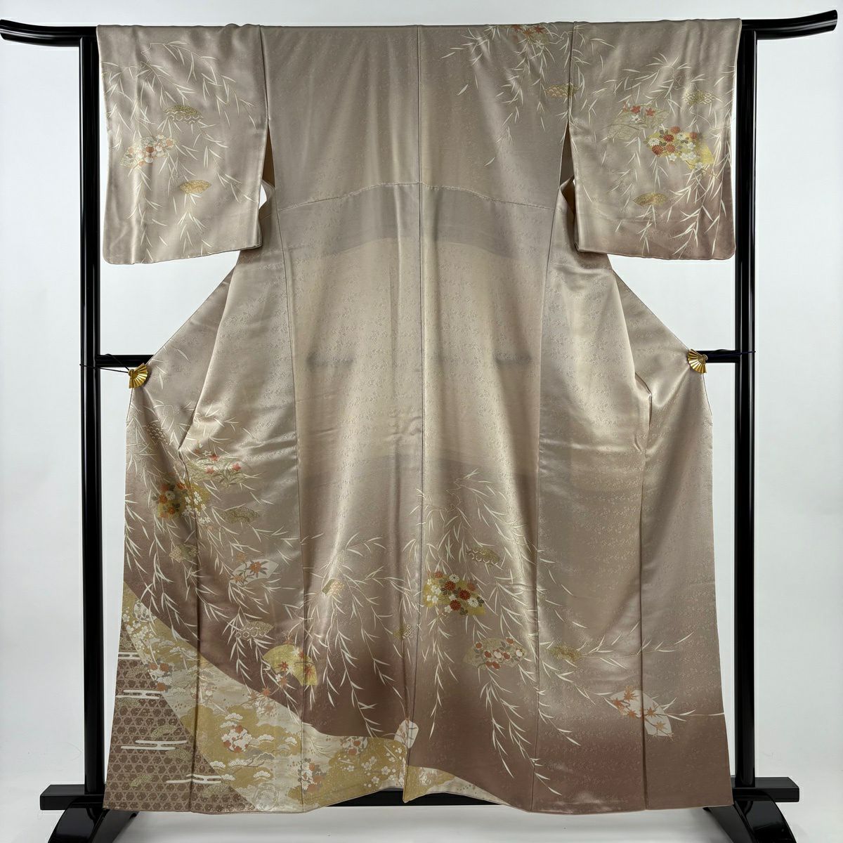 訪問服 身長160cm 袖長64.5cm M 雙層 扇子面 草花紋 金絲 金銀彩 薄小豆 純蠶絲 秀品級
