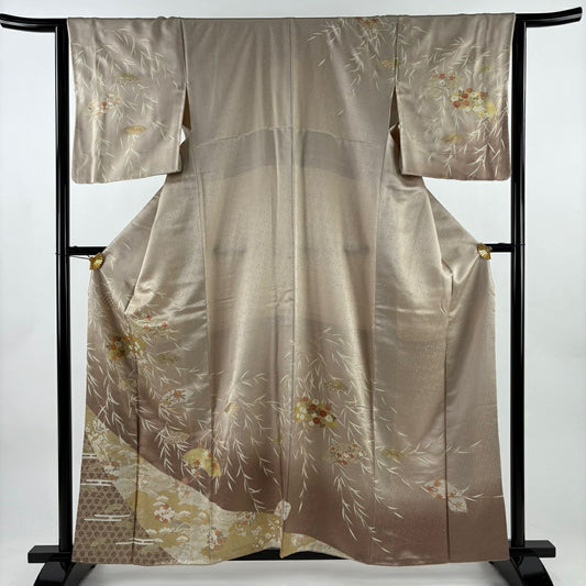 訪問服 身長160cm 袖長64.5cm M 雙層 扇子面 草花紋 金絲 金銀彩 薄小豆 純蠶絲 秀品級