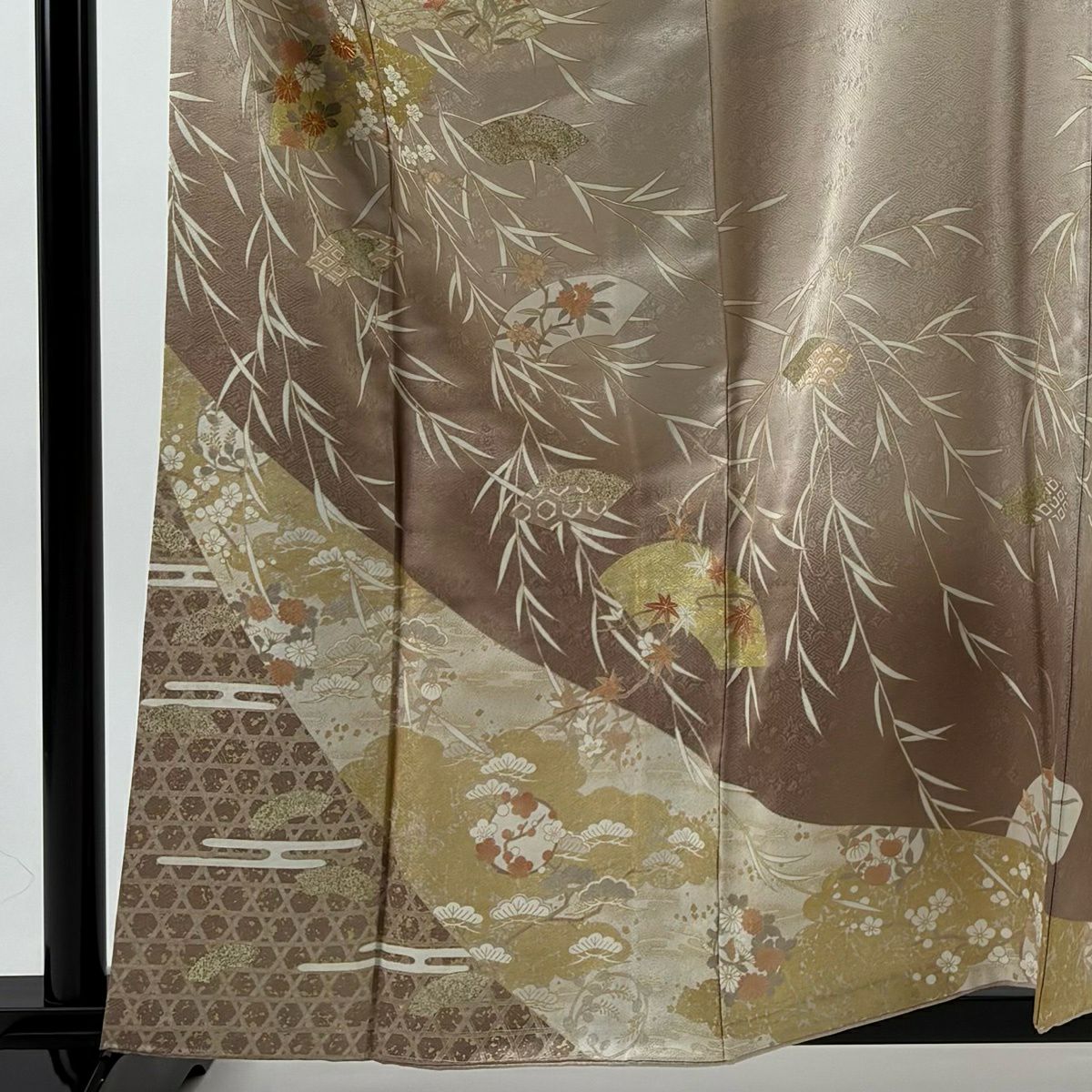訪問服 身長160cm 袖長64.5cm M 雙層 扇子面 草花紋 金絲 金銀彩 薄小豆 純蠶絲 秀品級