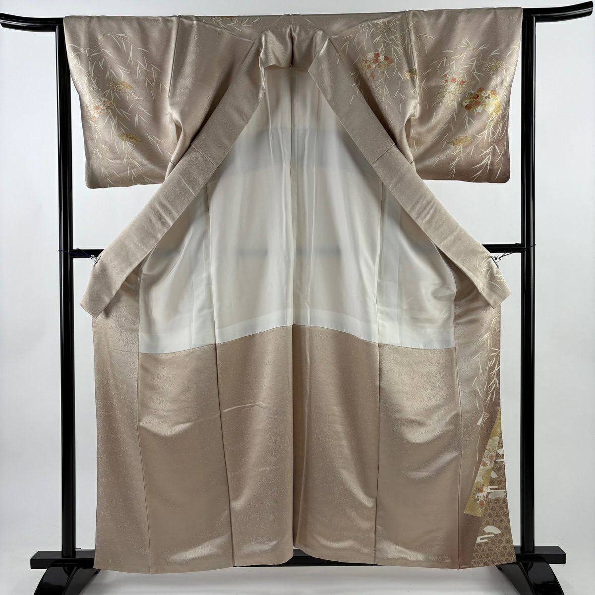 訪問服 身長160cm 袖長64.5cm M 雙層 扇子面 草花紋 金絲 金銀彩 薄小豆 純蠶絲 秀品級