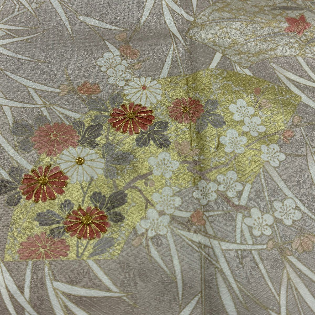 訪問服 身長160cm 袖長64.5cm M 雙層 扇子面 草花紋 金絲 金銀彩 薄小豆 純蠶絲 秀品級