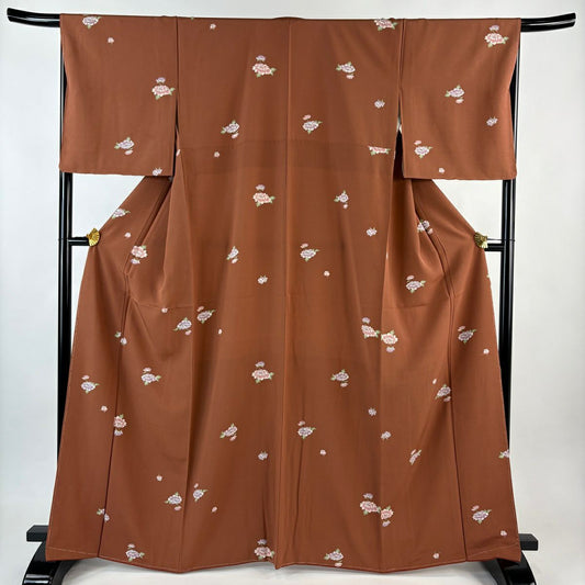 【美品】 小紋 身長165cm 袖長67cm M 雙層 牡丹 紅茶 純蠶絲 秀品級