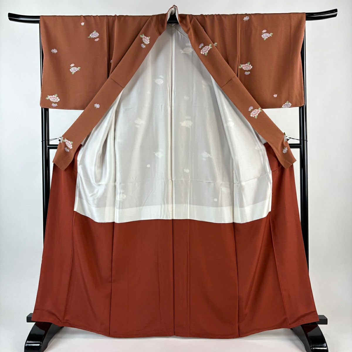 【美品】 小紋 身長165cm 袖長67cm M 雙層 牡丹 紅茶 純蠶絲 秀品級