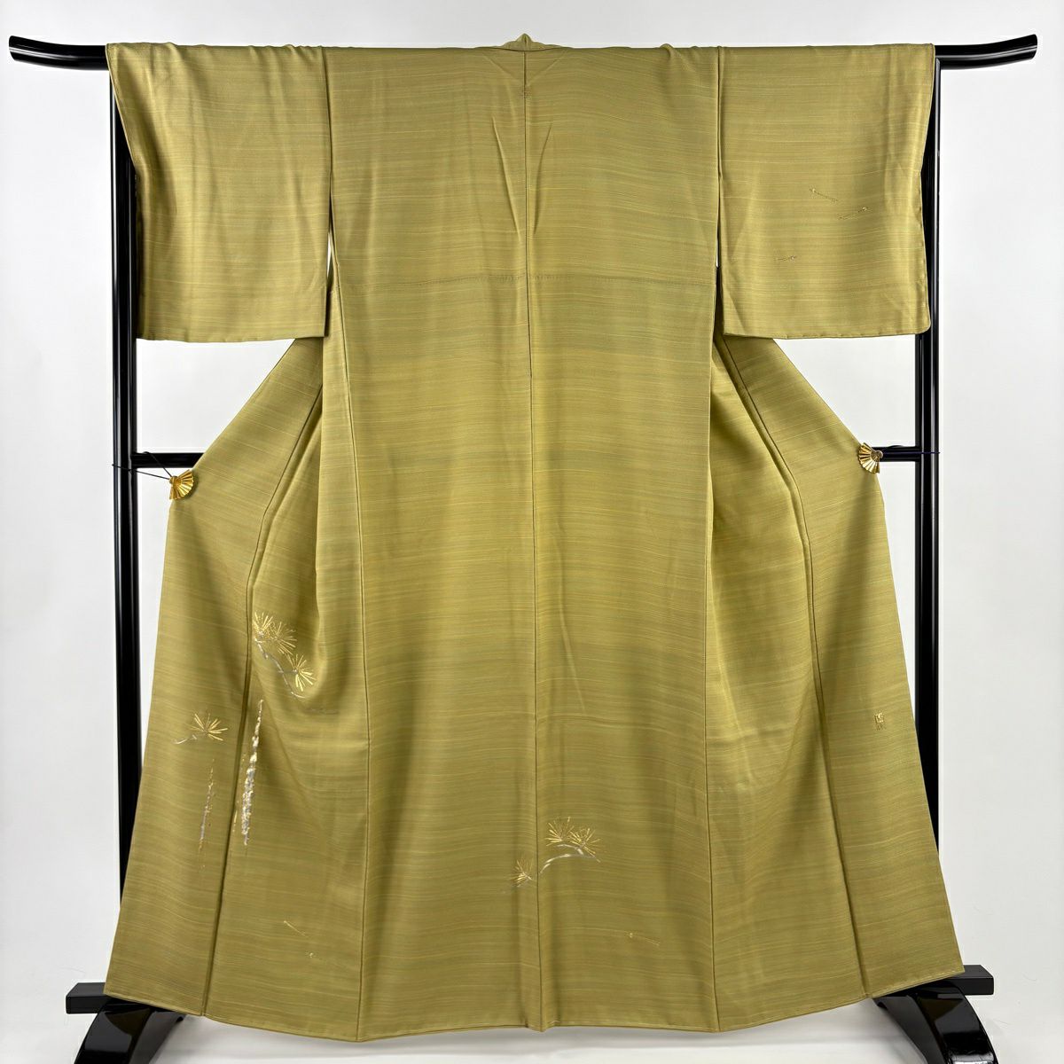 付下 身長163cm 袖長67cm M 雙層 松樹 松樹葉 金銀彩 抹茶 純蠶絲 秀品級 一つ紋