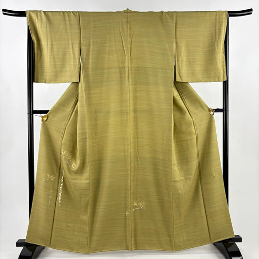 付下 身長163cm 袖長67cm M 雙層 松樹 松樹葉 金銀彩 抹茶 純蠶絲 秀品級 一つ紋
