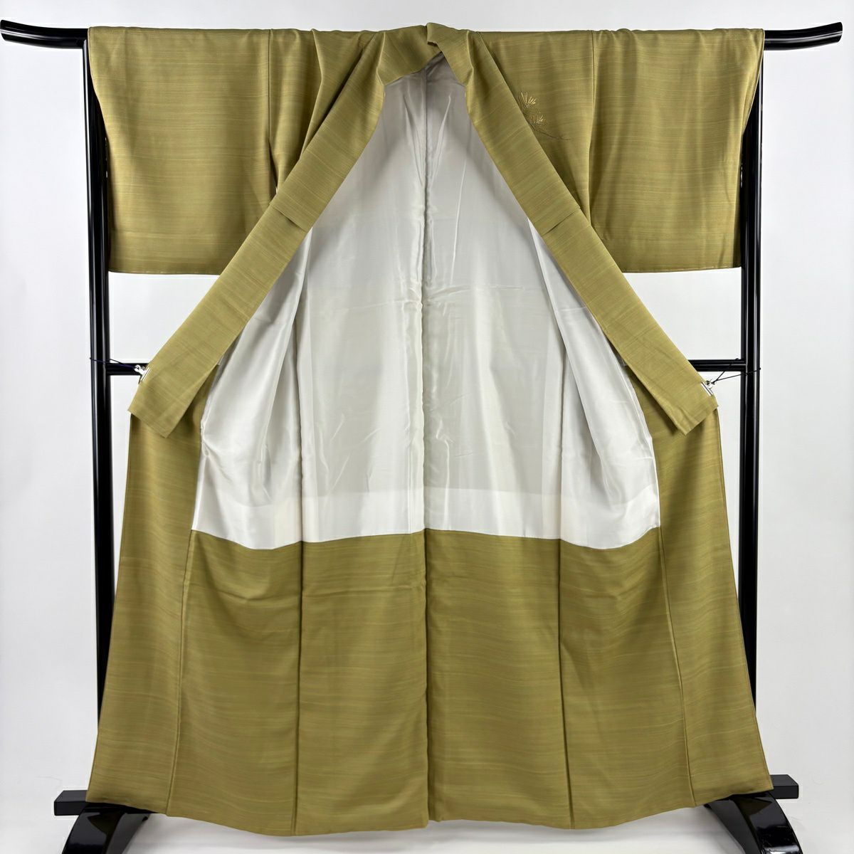 付下 身長163cm 袖長67cm M 雙層 松樹 松樹葉 金銀彩 抹茶 純蠶絲 秀品級 一つ紋