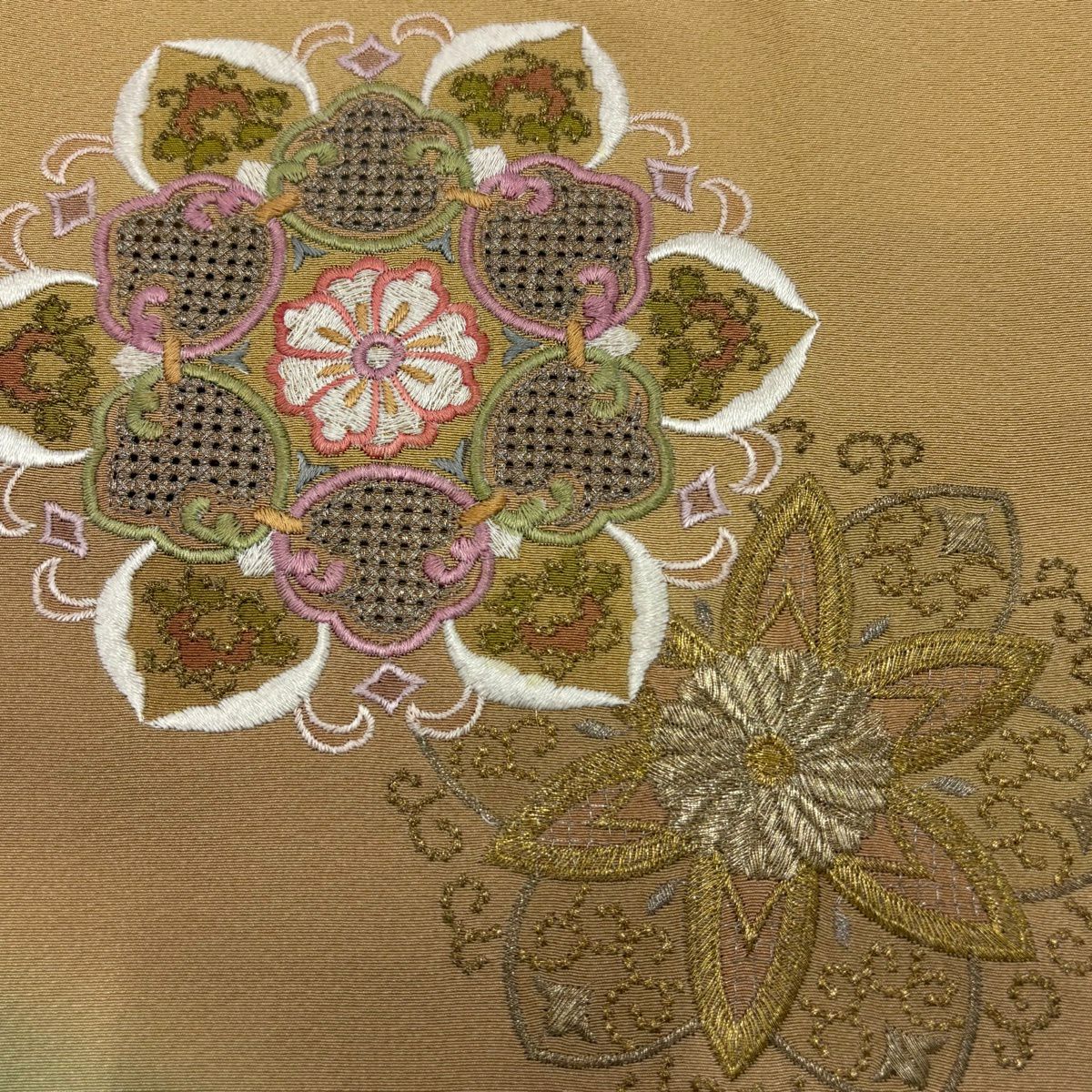 付下 身長163cm 袖長69cm L 雙層 華紋 刺繡 金銀彩 淺茶 純蠶絲 優品級