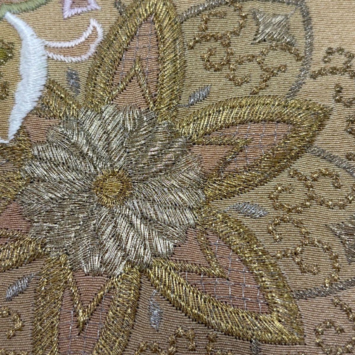 付下 身長163cm 袖長69cm L 雙層 華紋 刺繡 金銀彩 淺茶 純蠶絲 優品級