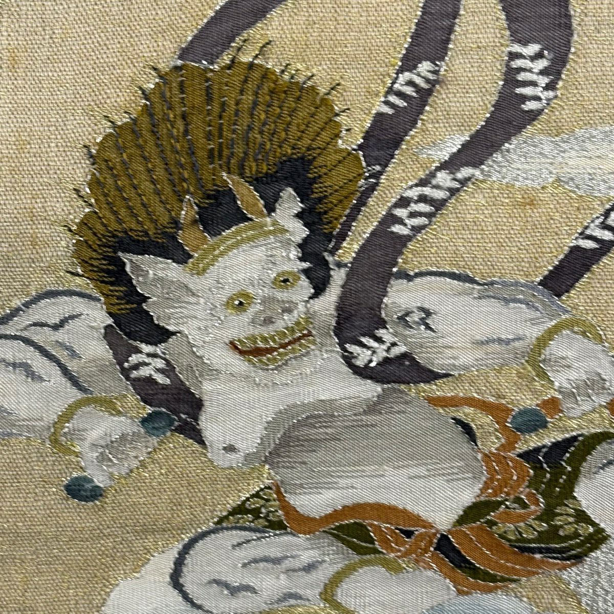 袋帶 逸品級 風神雷神 瑞雲 金銀彩 綴織 金色 大鼓圖案 純蠶絲