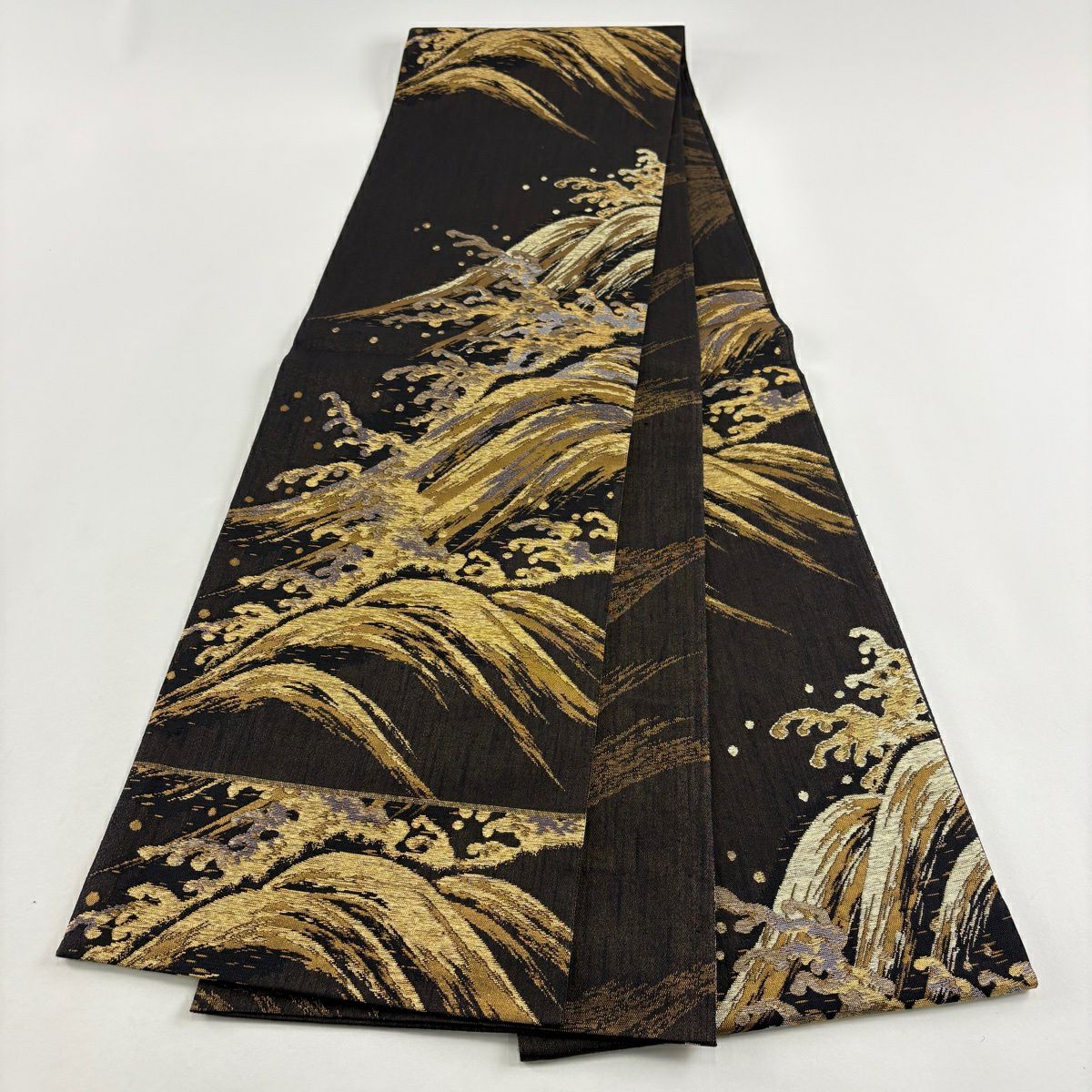 【美品】 袋帶 逸品級 波頭 波 金金箔 金絲 焦茶 六通 純蠶絲