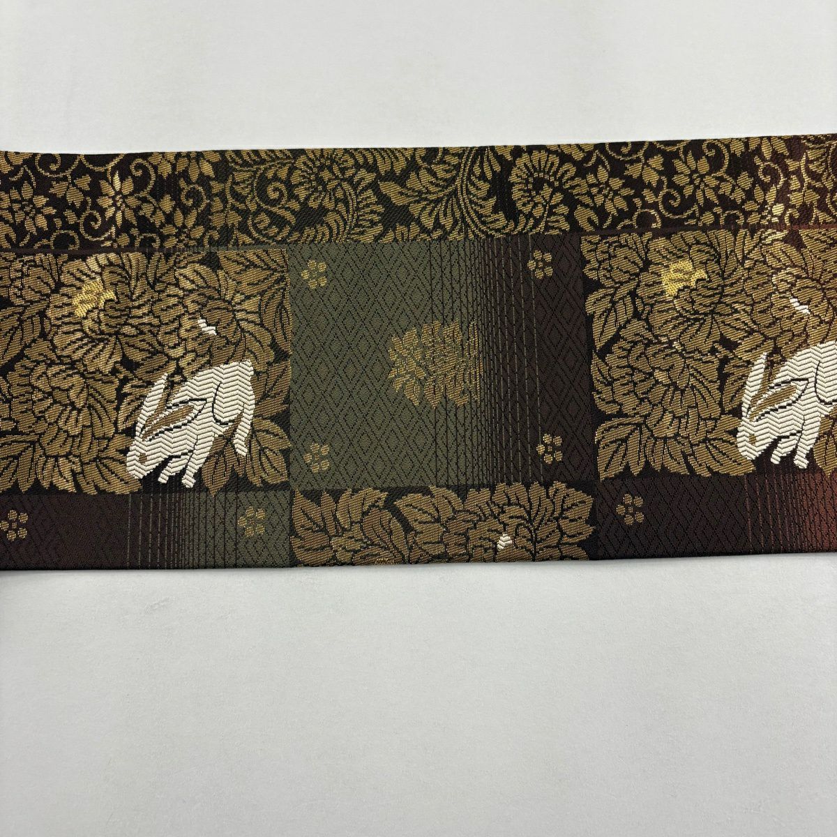 【美品】名古屋帶 逸品級 兔子 市松樹 金金箔 金絲 茶紫 純蠶絲
