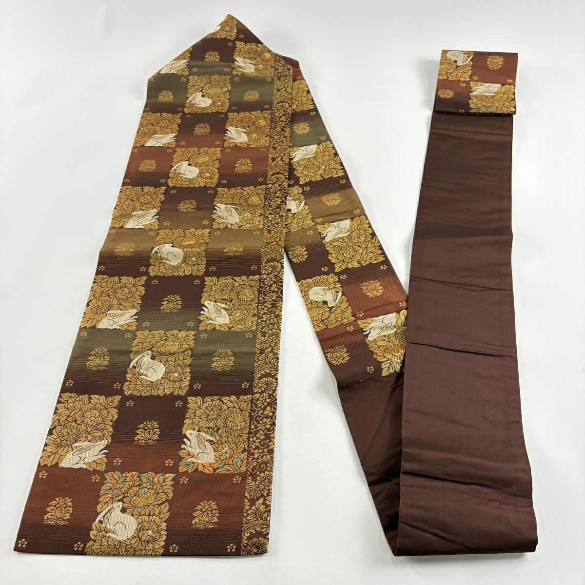 【美品】名古屋帶 逸品級 兔子 市松樹 金金箔 金絲 茶紫 純蠶絲