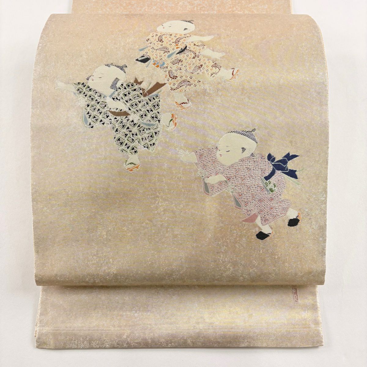 【美品】 袋帶 逸品級 由水十久監修 落款あり 插頭參らん 關西裁縫 童 金金箔 米色 大鼓圖案 純蠶絲