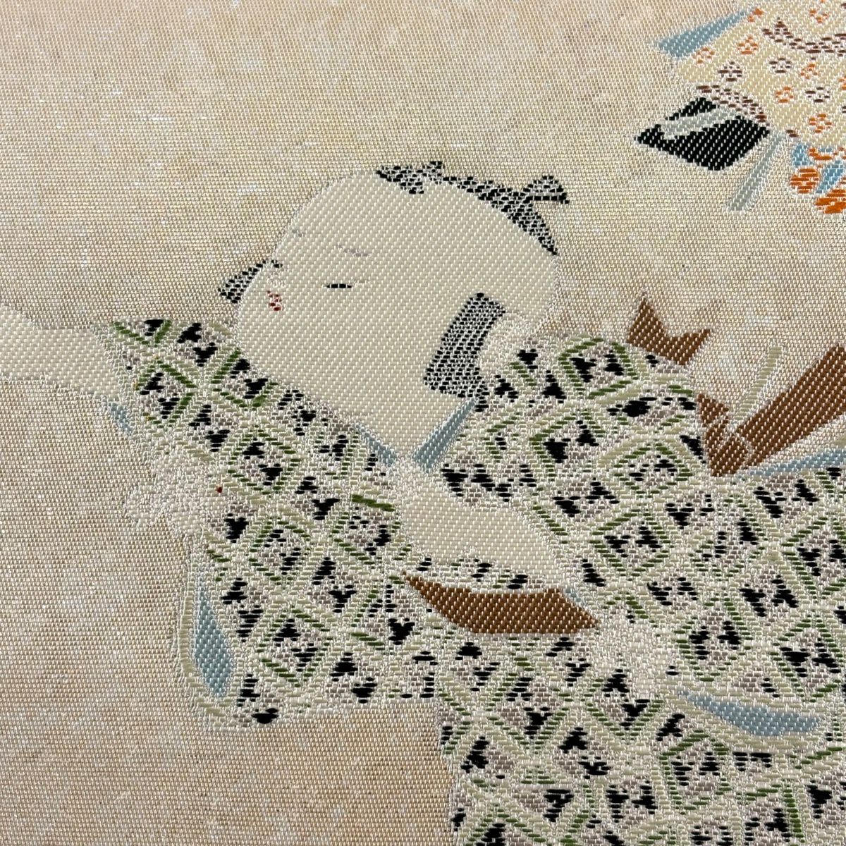 【美品】 袋帶 逸品級 由水十久監修 落款あり 插頭參らん 關西裁縫 童 金金箔 米色 大鼓圖案 純蠶絲
