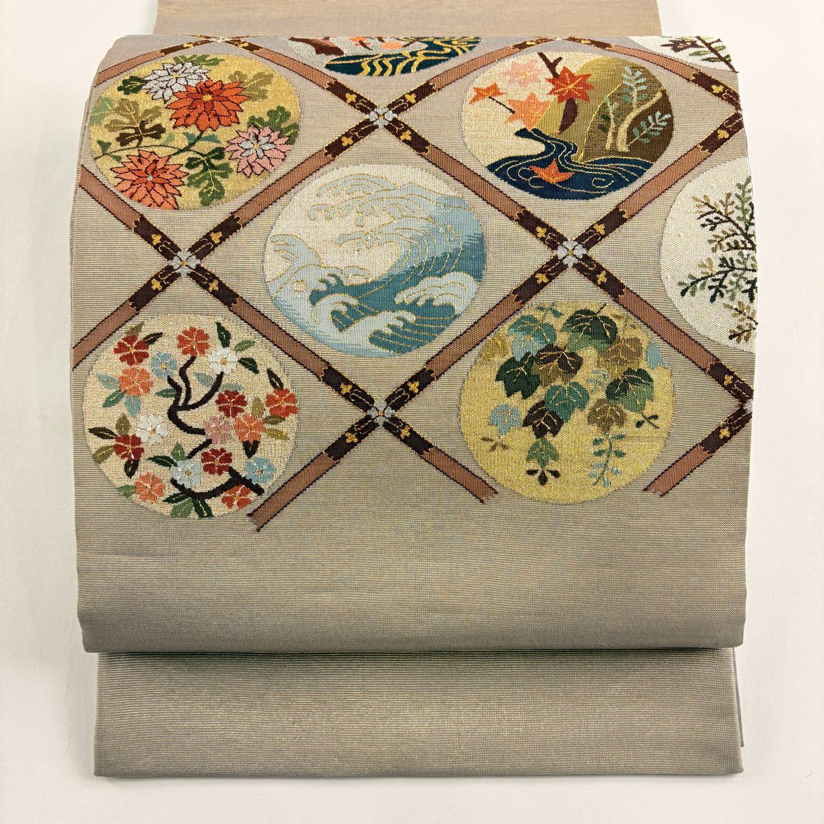 【美品】 袋帶 逸品級 菱天井 圓文 金銀絲 金金箔 灰茶 お太鼓圖案 純蠶絲