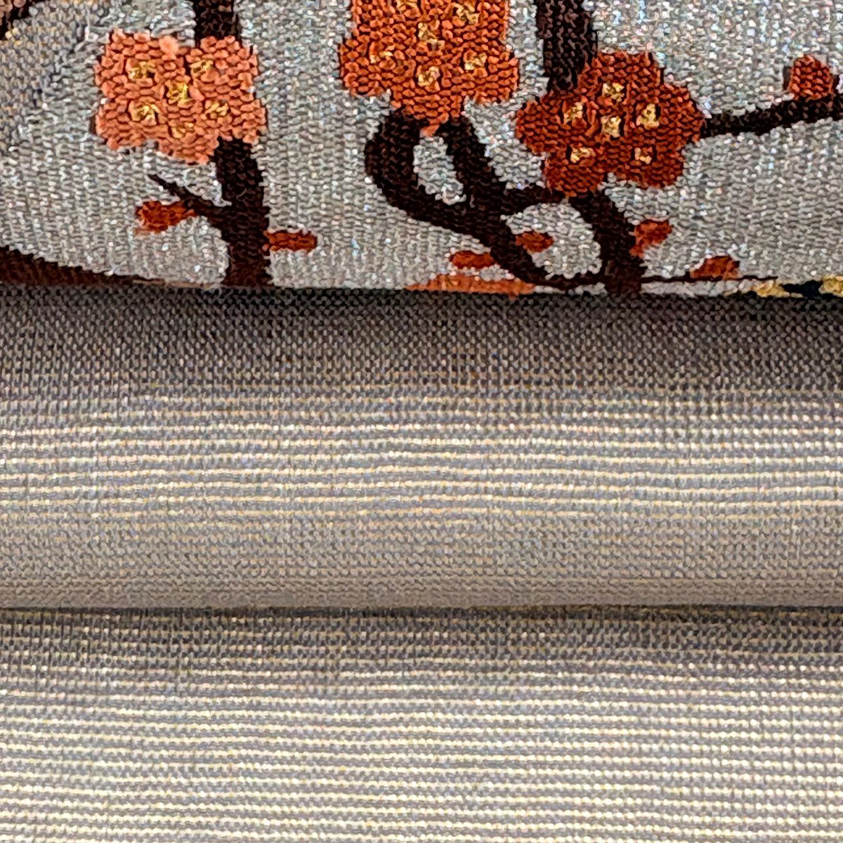 【美品】 袋帶 逸品級 菱天井 圓文 金銀絲 金金箔 灰茶 お太鼓圖案 純蠶絲
