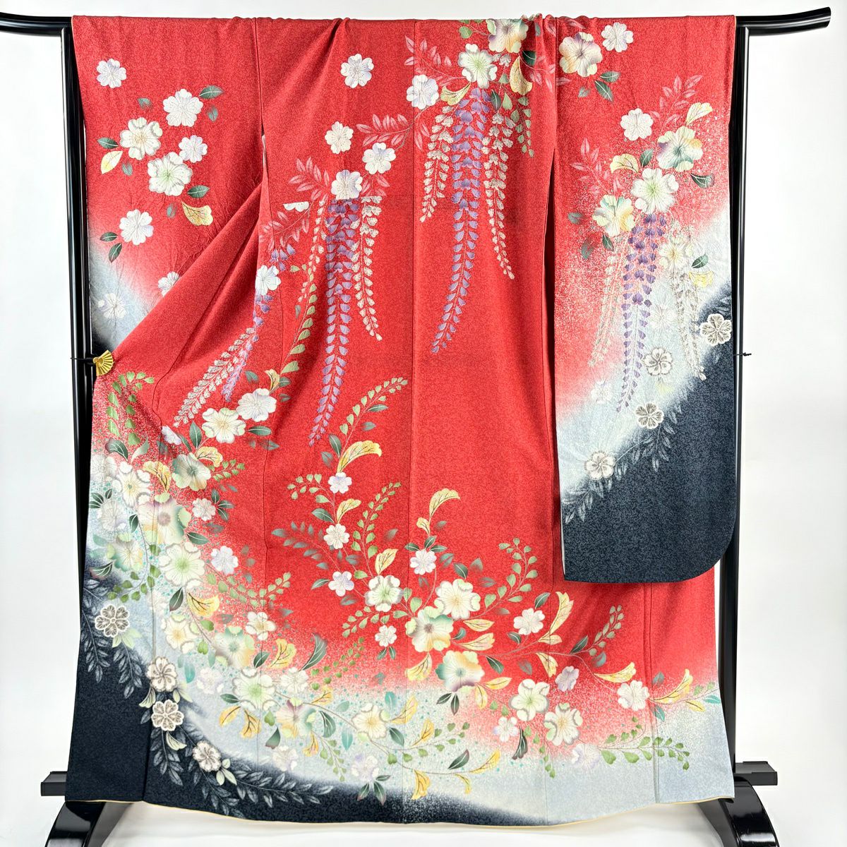 【美品】振袖禮服 身長165.5cm 袖長69cm L 雙層 辻花染 金銀彩 漸層 茜 純蠶絲 名品級