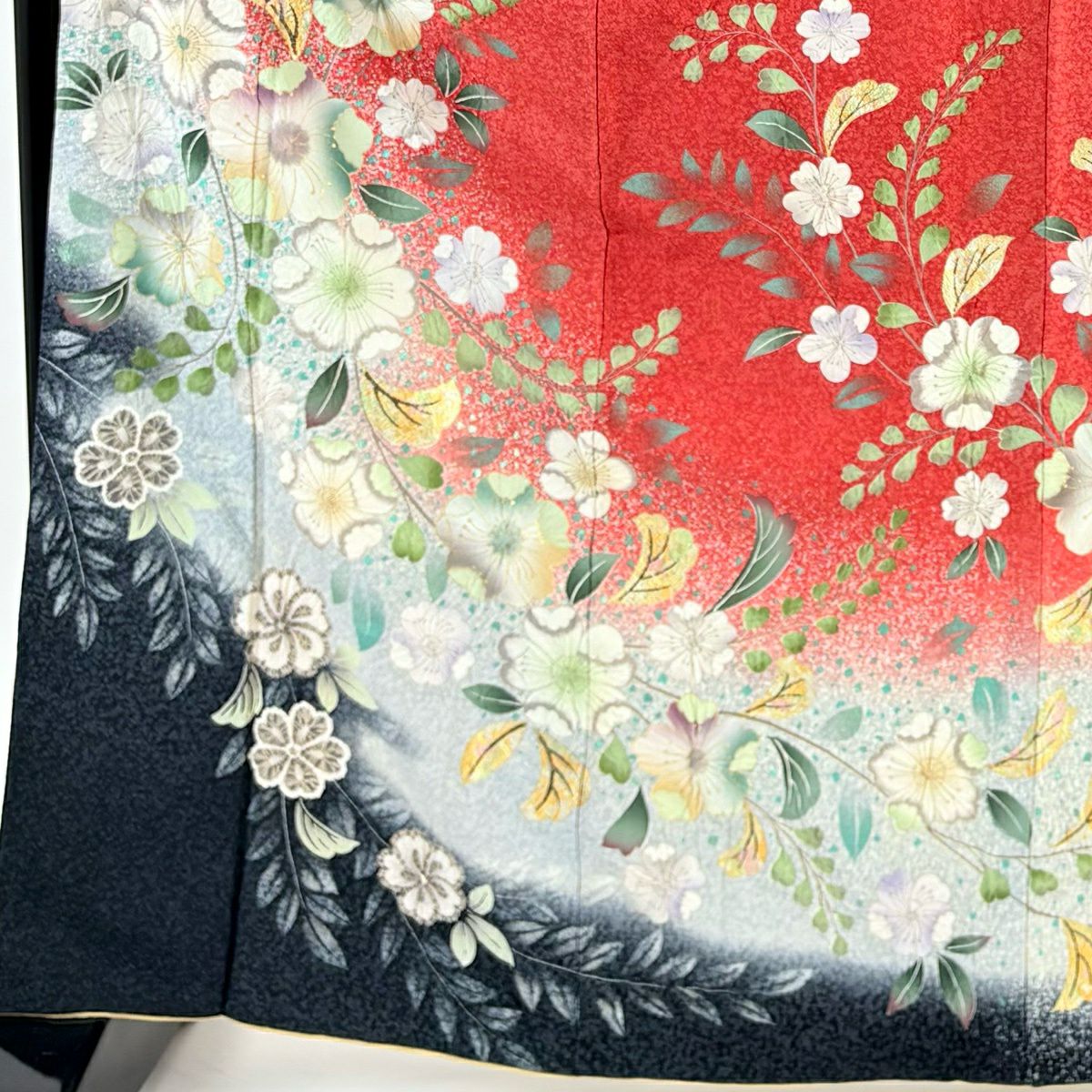 【美品】振袖禮服 身長165.5cm 袖長69cm L 雙層 辻花染 金銀彩 漸層 茜 純蠶絲 名品級