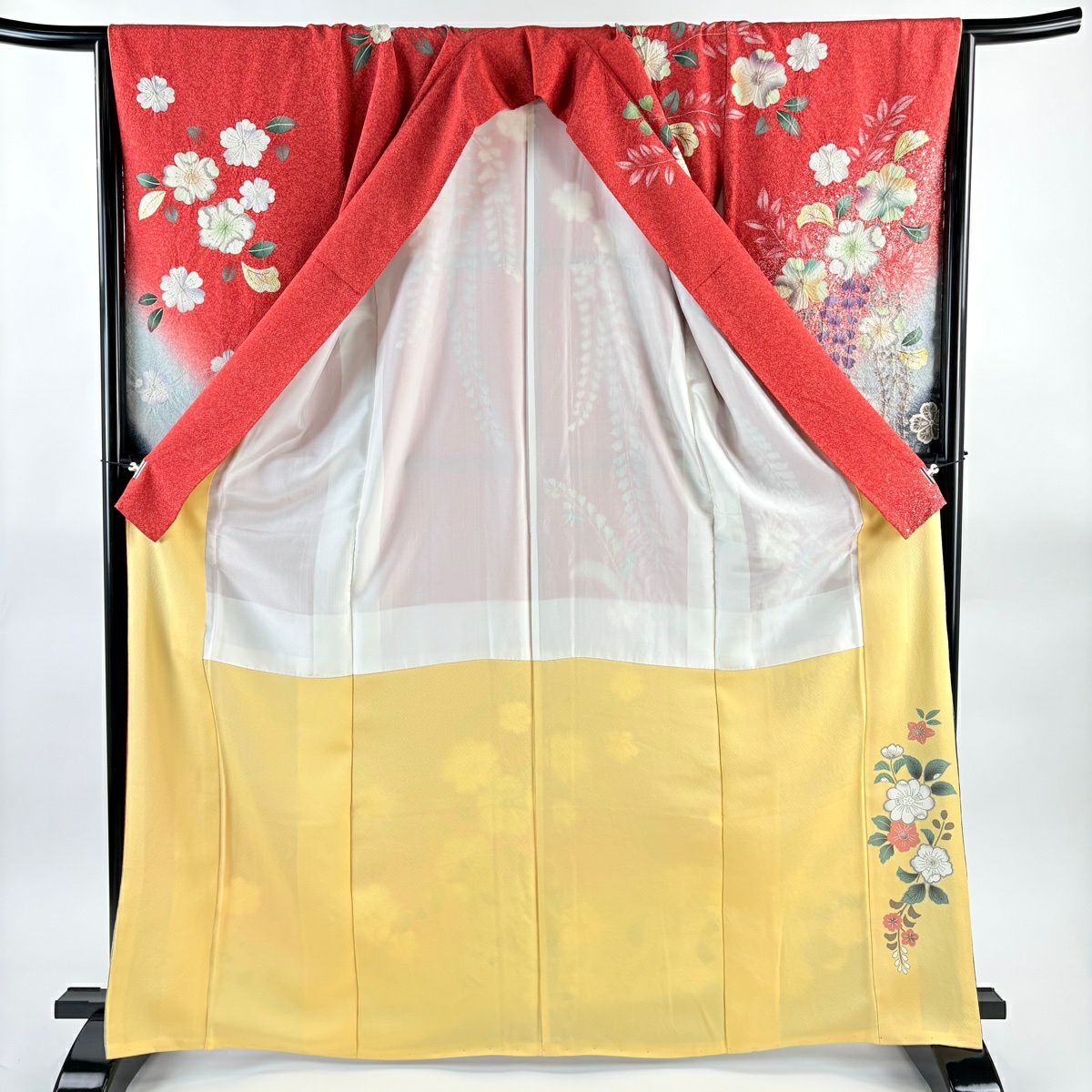 【美品】振袖禮服 身長165.5cm 袖長69cm L 雙層 辻花染 金銀彩 漸層 茜 純蠶絲 名品級