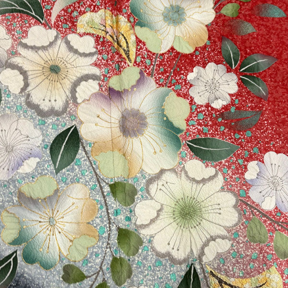 【美品】振袖禮服 身長165.5cm 袖長69cm L 雙層 辻花染 金銀彩 漸層 茜 純蠶絲 名品級