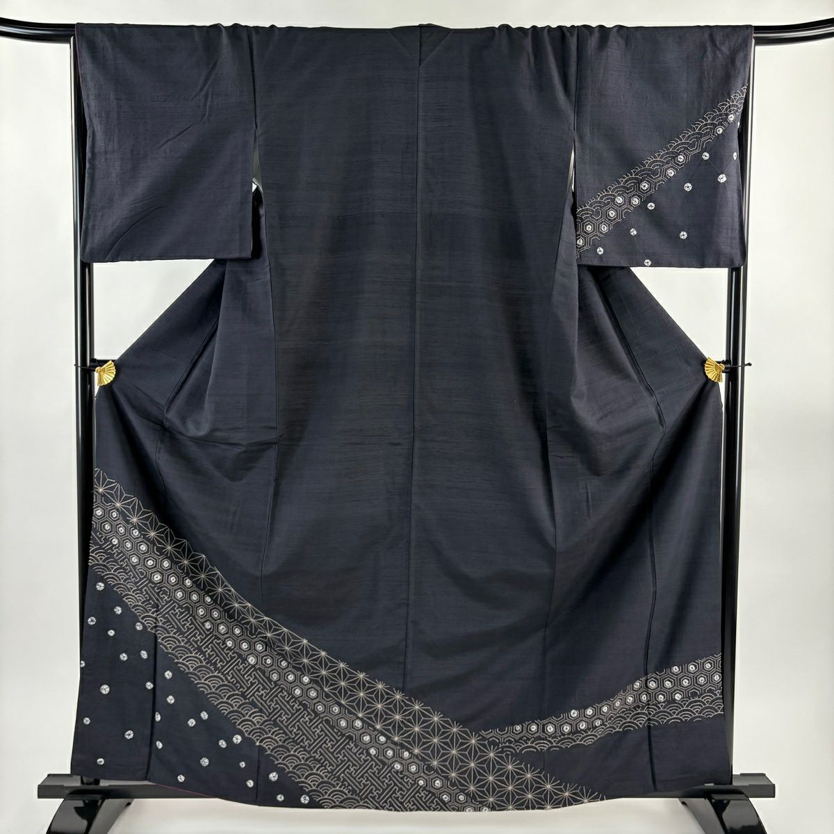 付下 身長162.5cm 袖長67.5cm L 雙層 紬織織 有職紋樣 幾何圖案 刺繡 絞染 深藍 純蠶絲 名品級