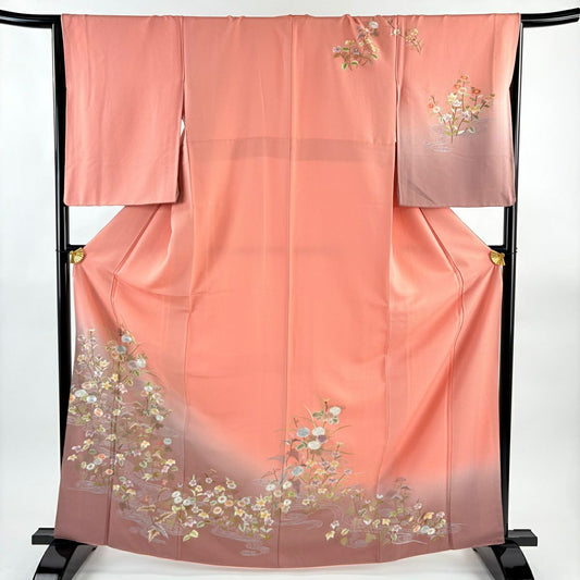 訪問服 身長165cm 袖長66cm M 雙層 草花紋紋 流水刺繡 漸層 粉紅 純蠶絲 名品級