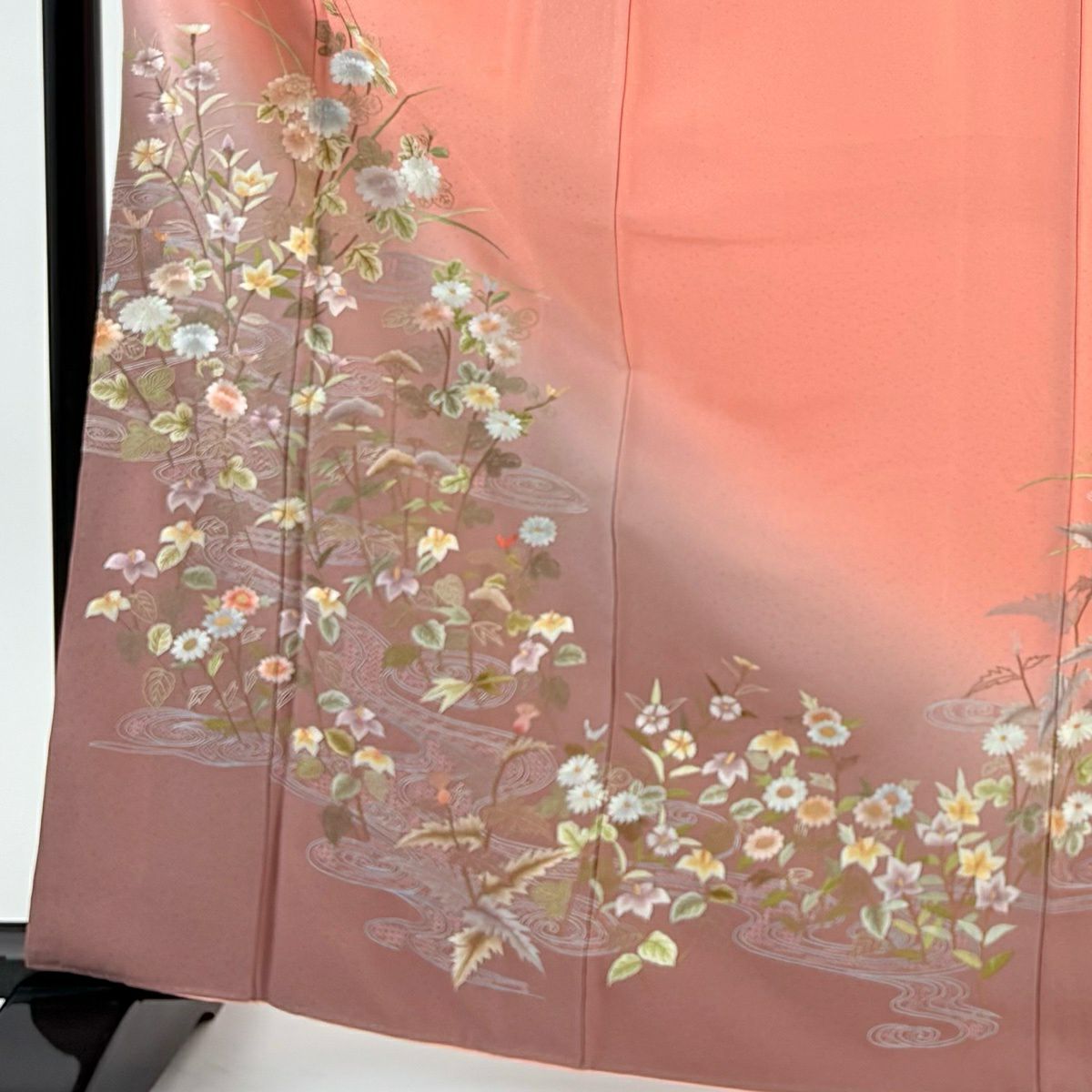 訪問服 身長165cm 袖長66cm M 雙層 草花紋紋 流水刺繡 漸層 粉紅 純蠶絲 名品級