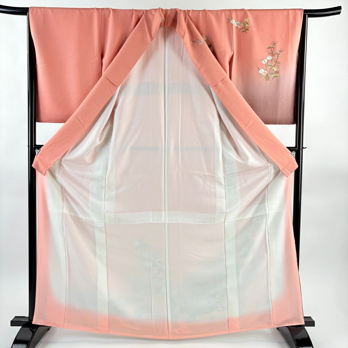 訪問服 身長165cm 袖長66cm M 雙層 草花紋紋 流水刺繡 漸層 粉紅 純蠶絲 名品級