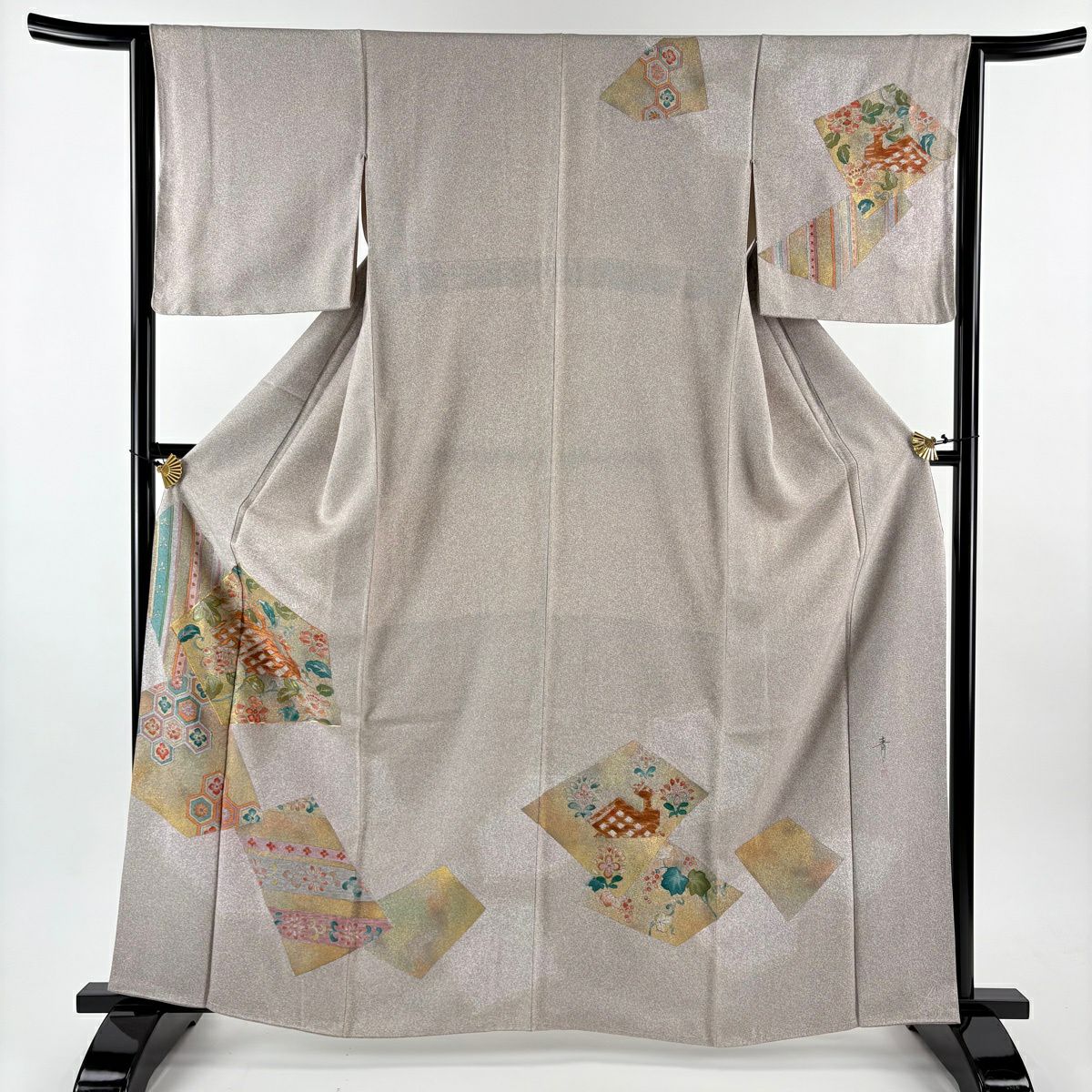 訪問服 身長162cm 袖長63cm S 雙層 松樹井青青 落款あり 有栖川文 龜甲 金銀彩 金絲 淺茶 純蠶絲 名品級