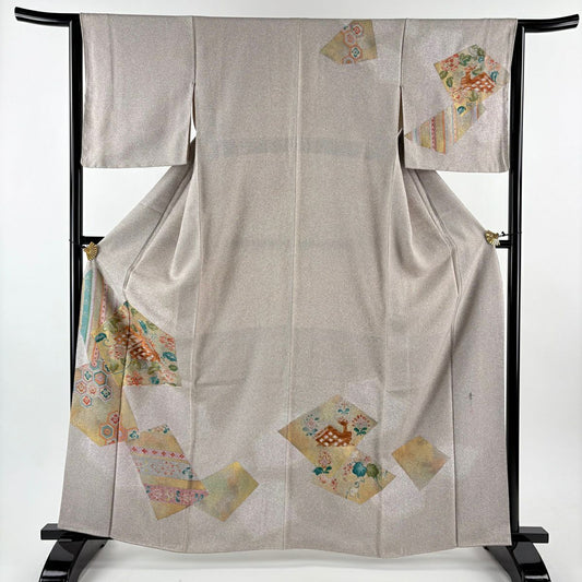 訪問服 身長162cm 袖長63cm S 雙層 松樹井青青 落款あり 有栖川文 龜甲 金銀彩 金絲 淺茶 純蠶絲 名品級