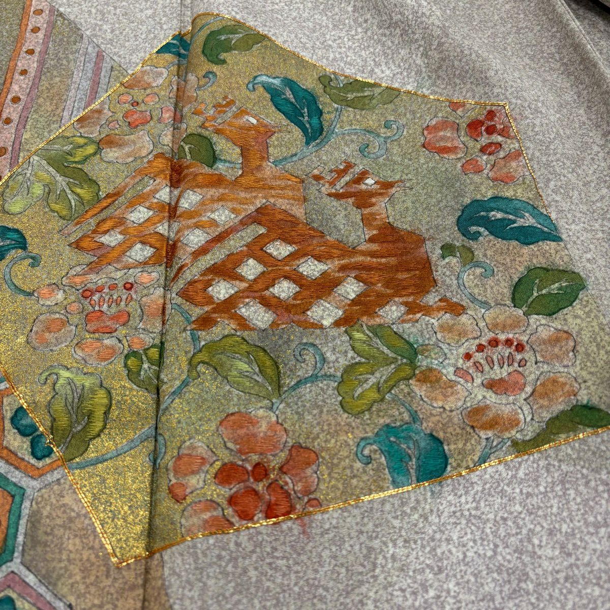 訪問服 身長162cm 袖長63cm S 雙層 松樹井青青 落款あり 有栖川文 龜甲 金銀彩 金絲 淺茶 純蠶絲 名品級
