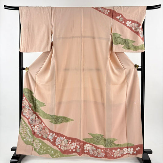 訪問服 身長163cm 袖長66.5cm M 雙層 滝泰 落款あり 辻花染 霞 粉紅 純蠶絲 名品級