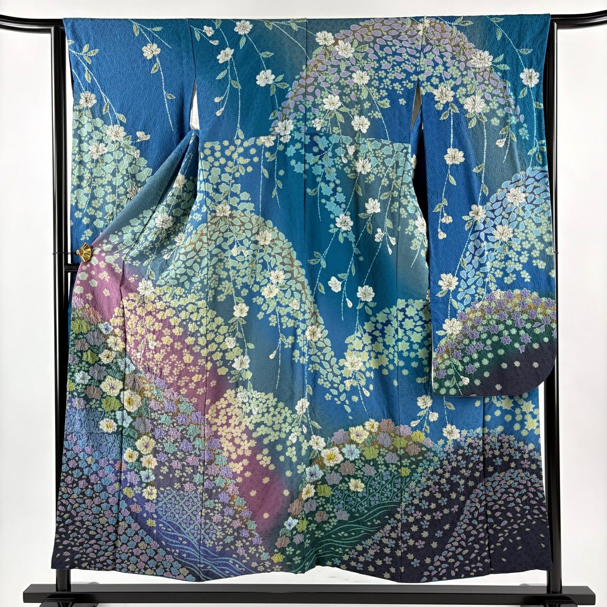 振袖禮服 身長153cm 袖長63cm S 雙層 草花紋紋 波 絞染 金彩裝飾 青綠 純蠶絲 名品級