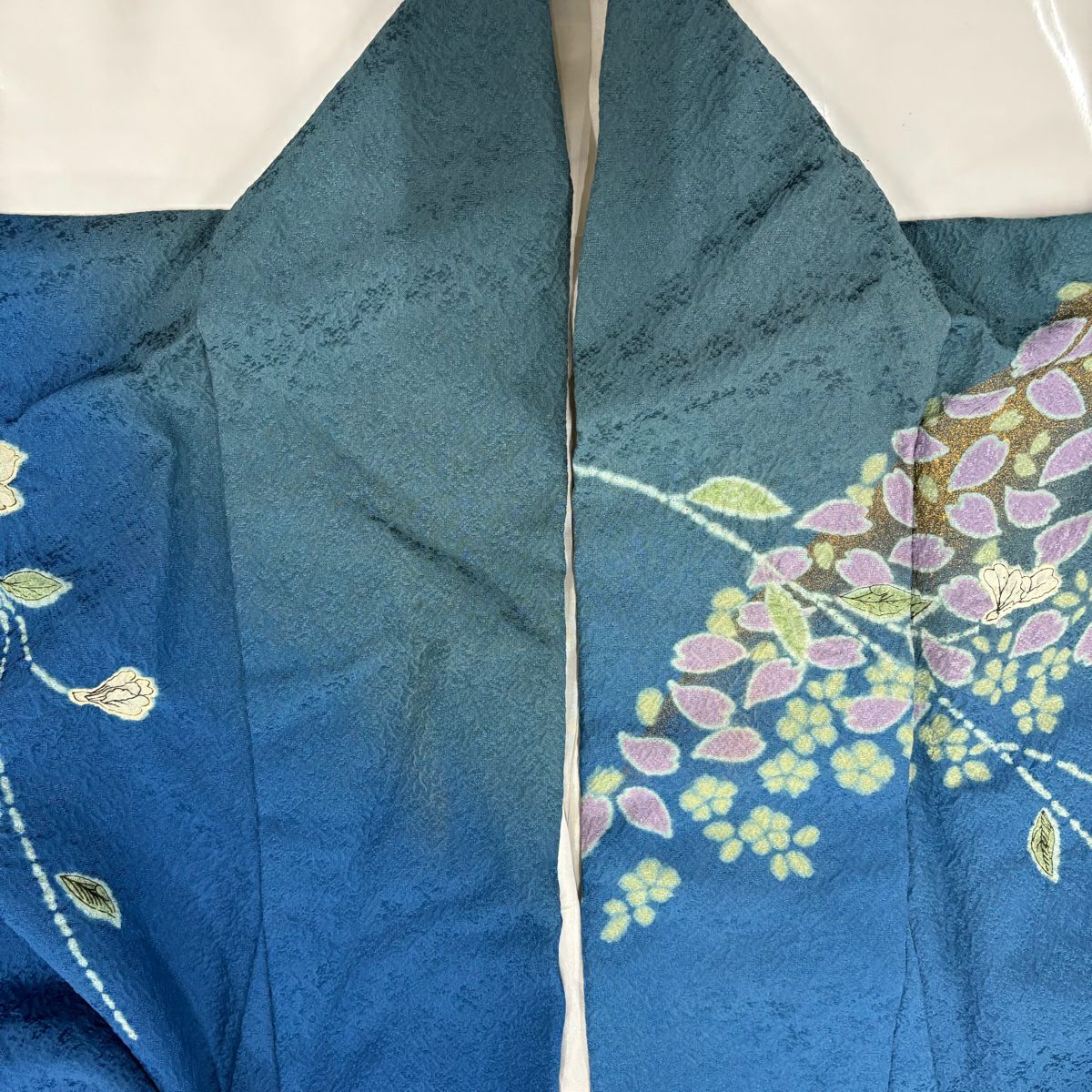 振袖禮服 身長153cm 袖長63cm S 雙層 草花紋紋 波 絞染 金彩裝飾 青綠 純蠶絲 名品級