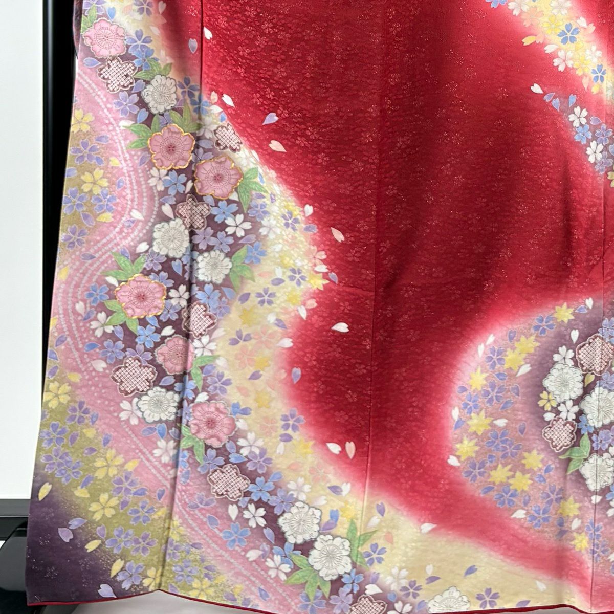 振袖禮服 身長165cm 袖長65.5cm M 雙層 草花紋紋 櫻花 銀通 金線 紅 純蠶絲 名品級