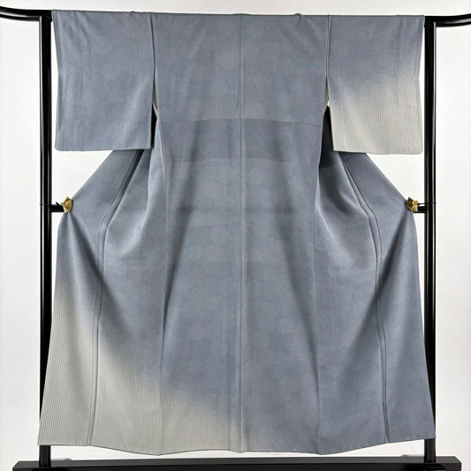 付下 身長153cm 袖長62.5cm S 雙層 雪輪 縱條 染分 漸層 青灰色 純蠶絲 名品級
