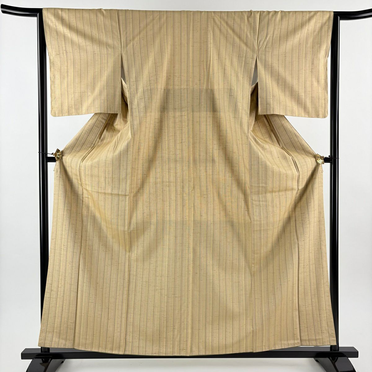 【美品】 紬織 身長160.5cm 袖長63.5cm S 雙層 白鷹山蕨絲 縱條紋 米色 純蠶絲 名品級