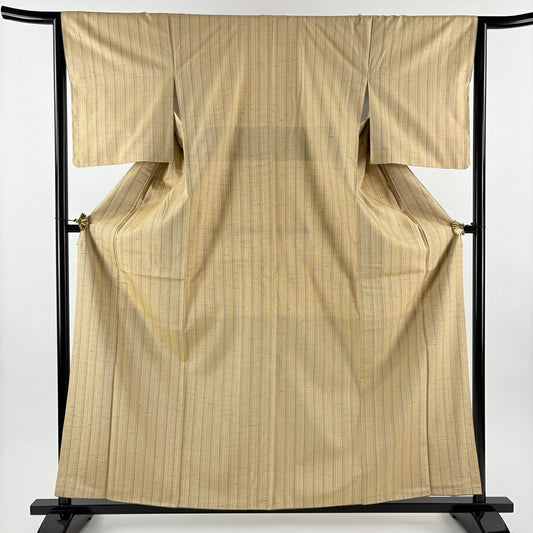 【美品】 紬織 身長160.5cm 袖長63.5cm S 雙層 白鷹山蕨絲 縱條紋 米色 純蠶絲 名品級