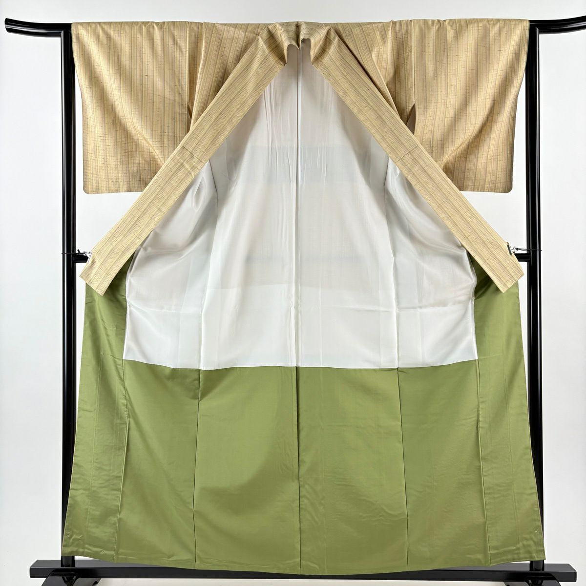 【美品】 紬織 身長160.5cm 袖長63.5cm S 雙層 白鷹山蕨絲 縱條紋 米色 純蠶絲 名品級
